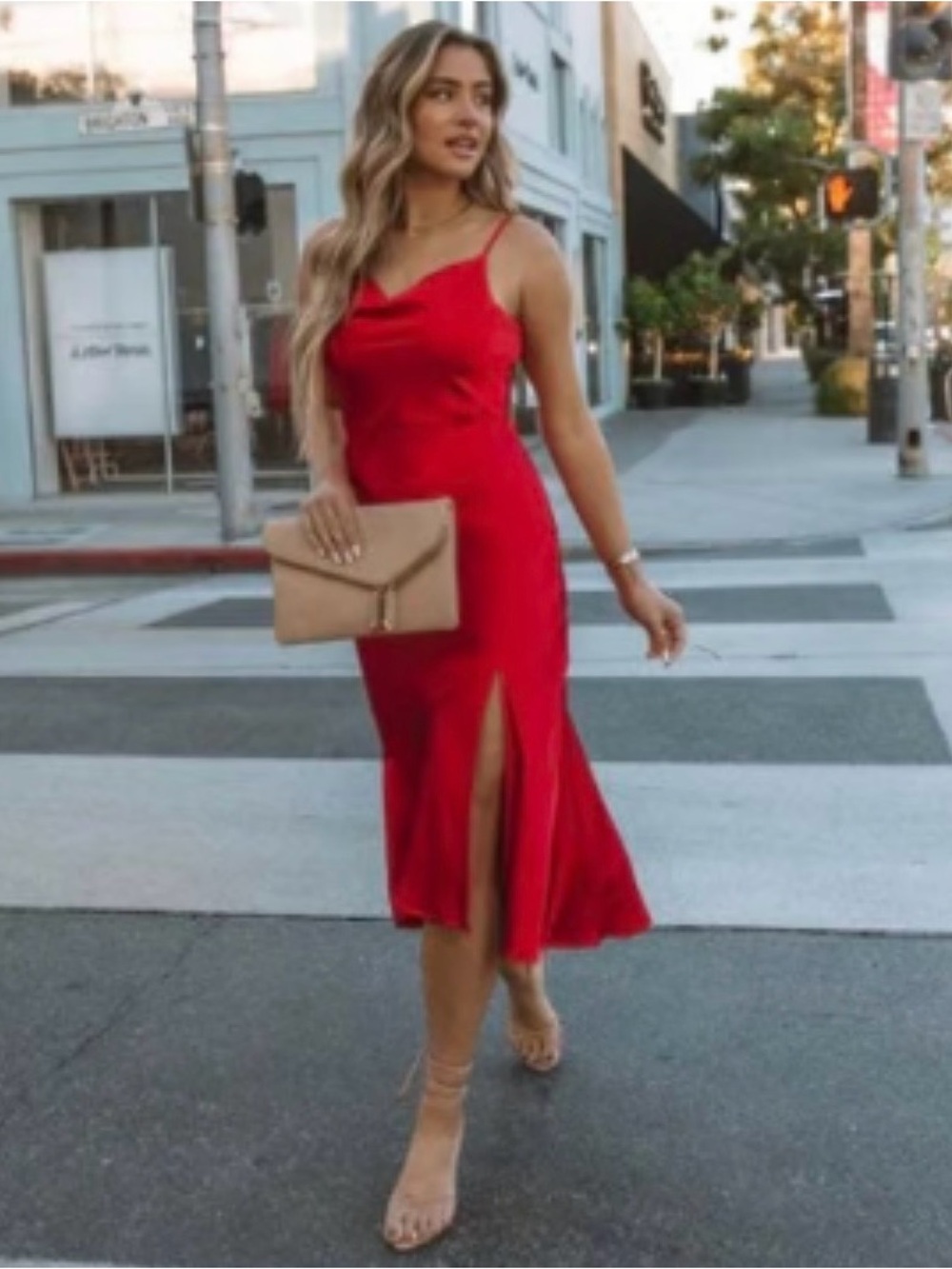 Skies Are Blue Red Satin Slip Midi Dress with Side Slit